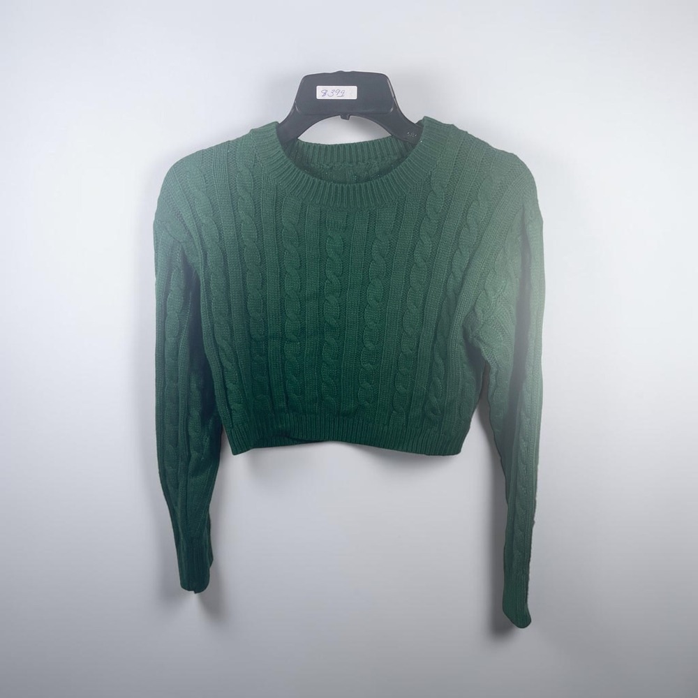Green Cable Knit Cropped Sweater Crew Neck Long Sleeve Pullover 11-12 Y